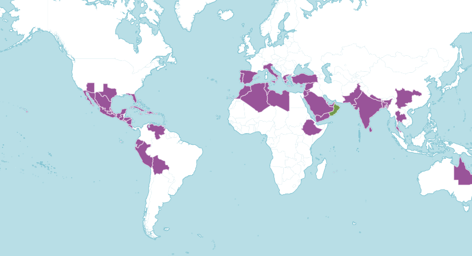 Map of the world showing where aloe vera is native and introduced to
