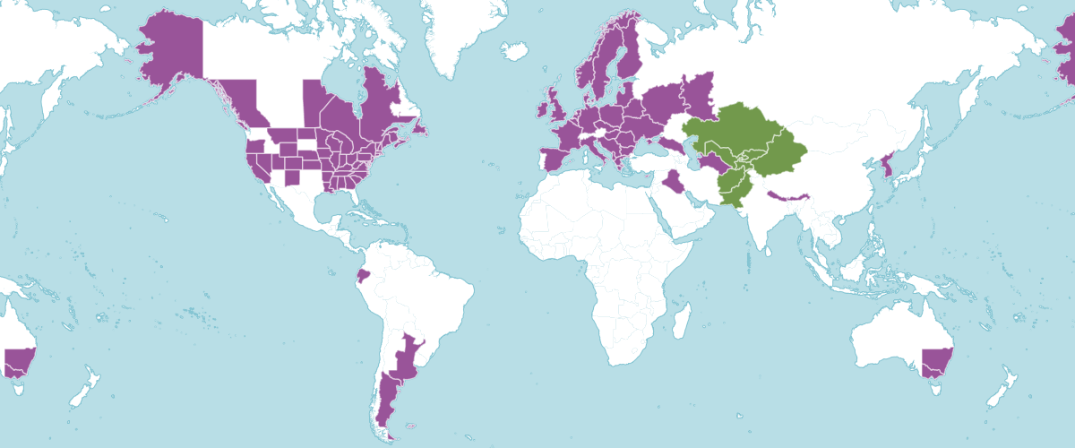 A map of the world showing where apple is native and introduced to