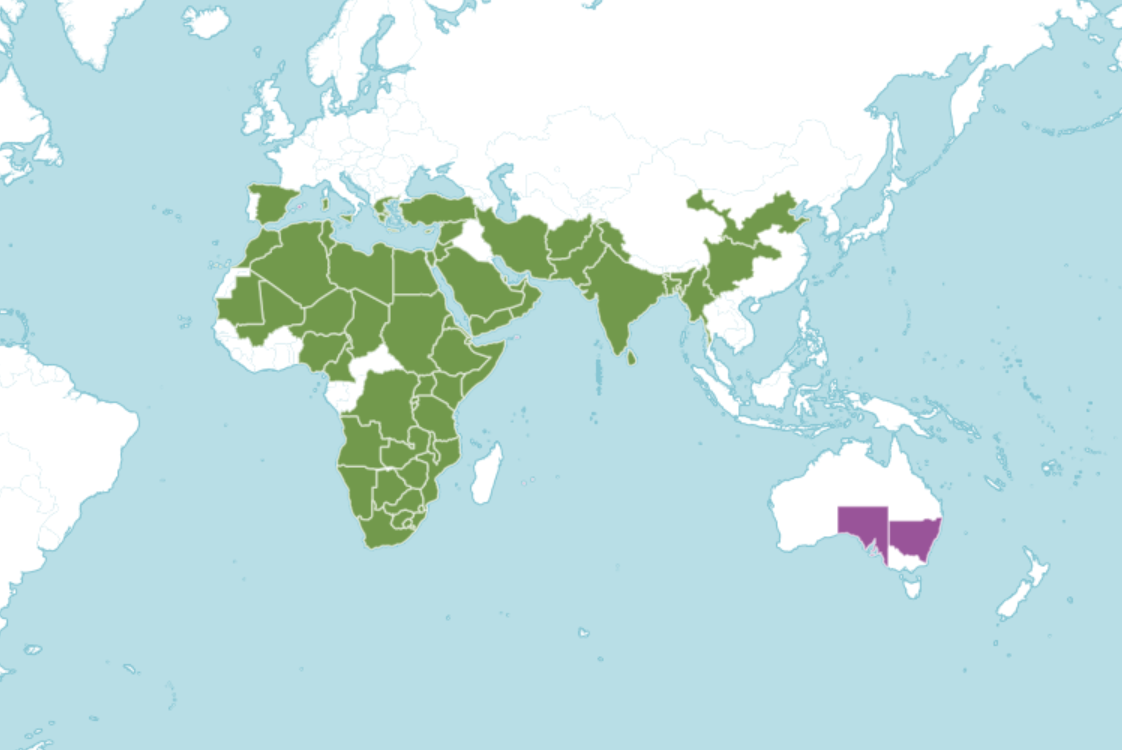 a map of the world showing where ashwagandha is native and introduced to