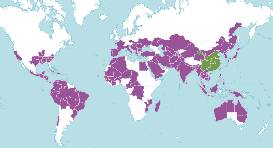 Map of the world showing where asian rice is native and introduced to