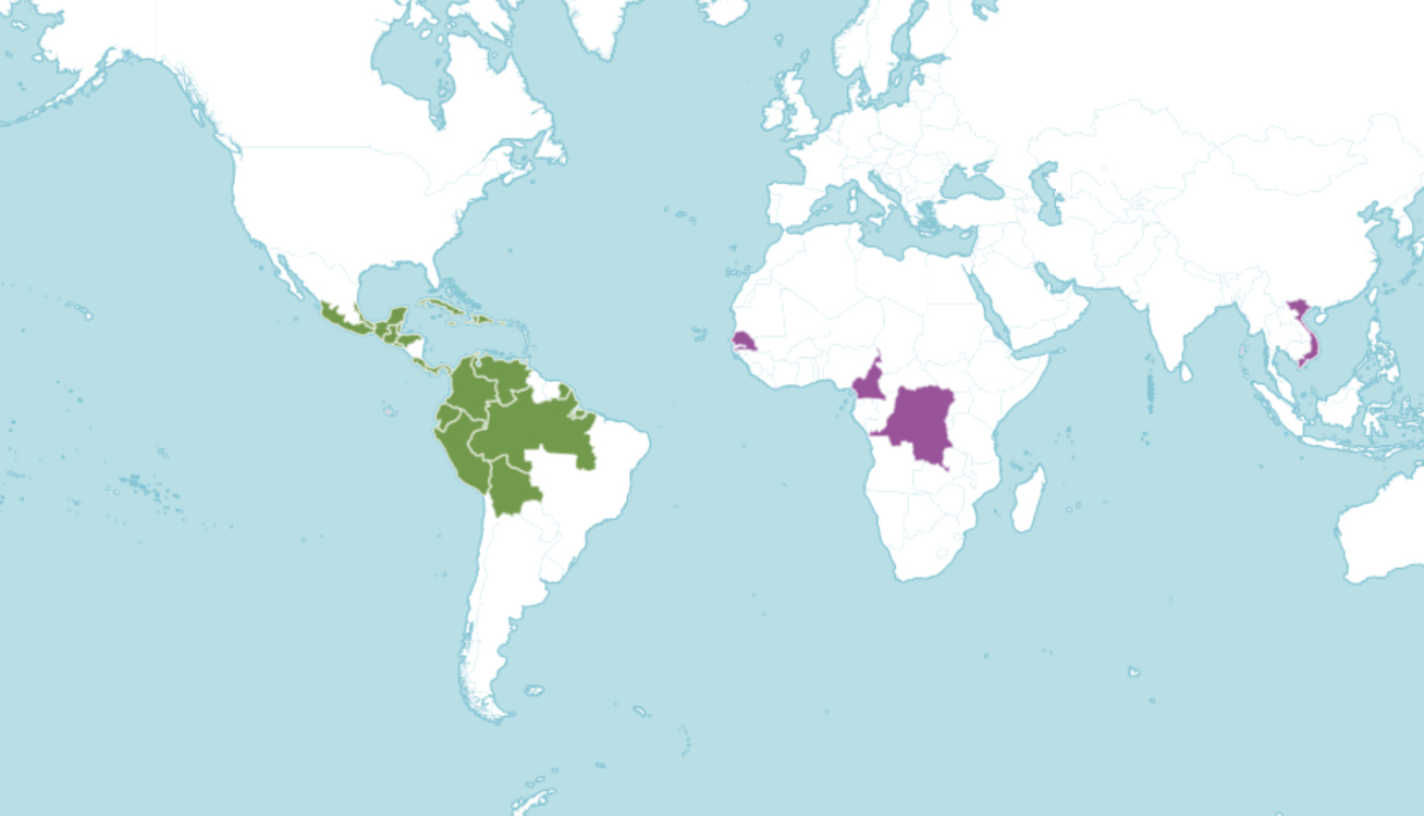 Map of the world showing where balsa is native and introduced to