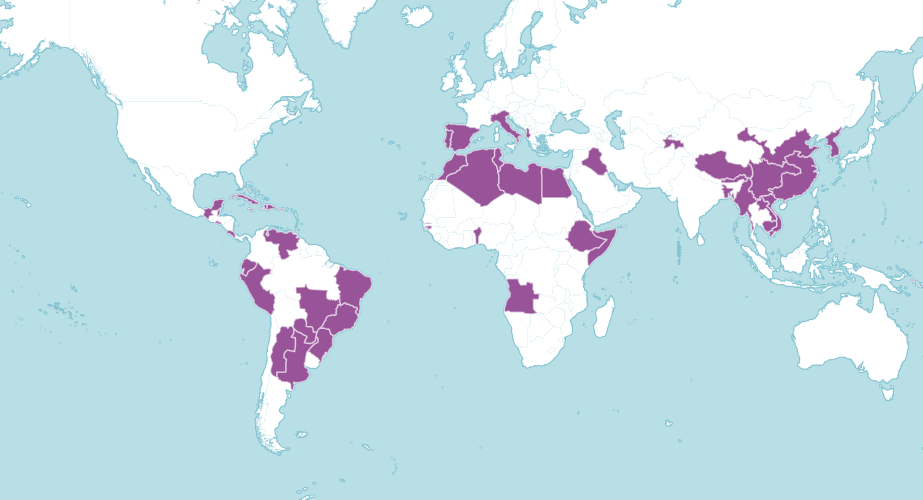 Map of the world showing where bitter orange is native and introduced to