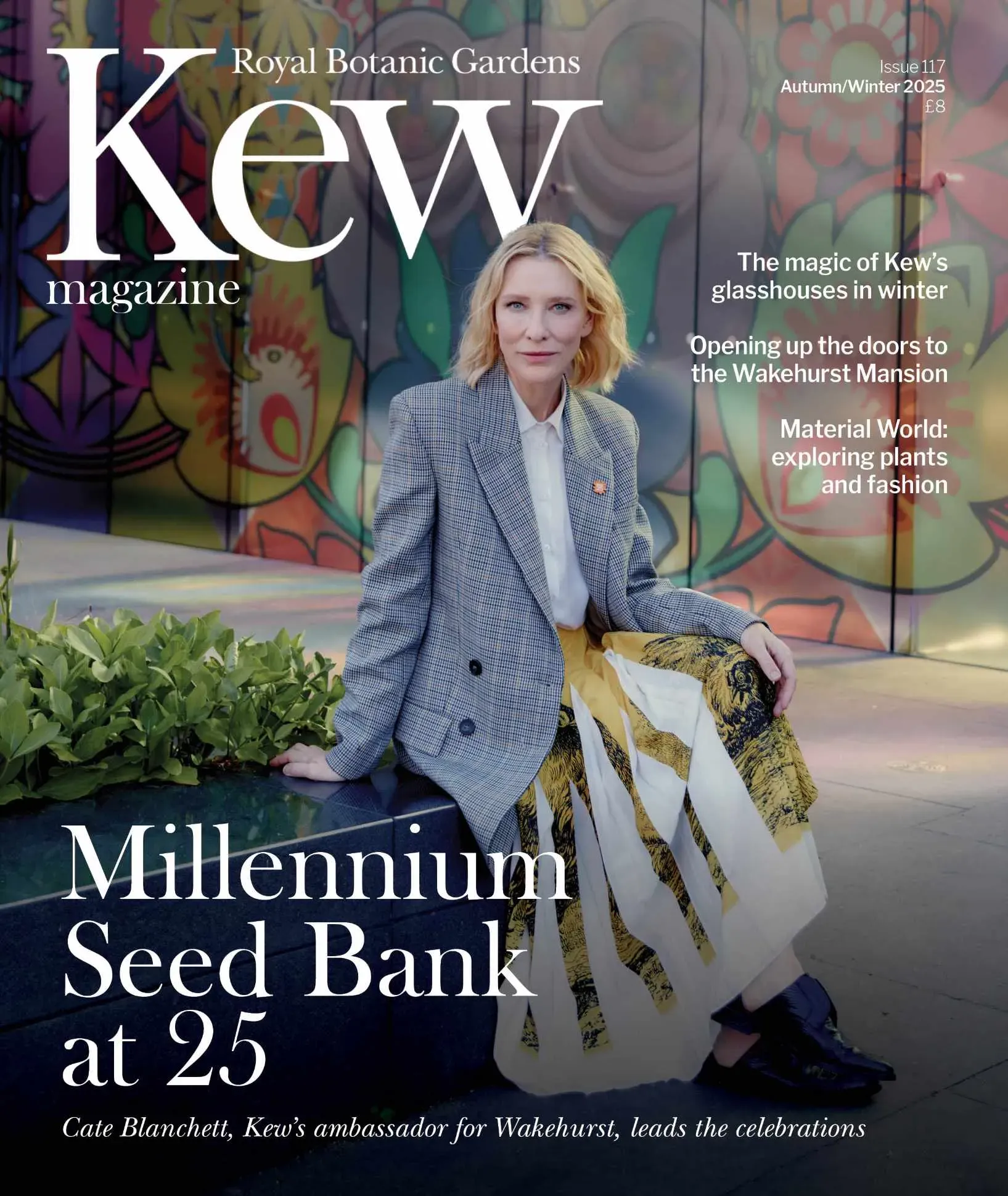 THe cover of the Kew Magazine, showing Cate blanchett sat in front of the Millennium Seed Bank