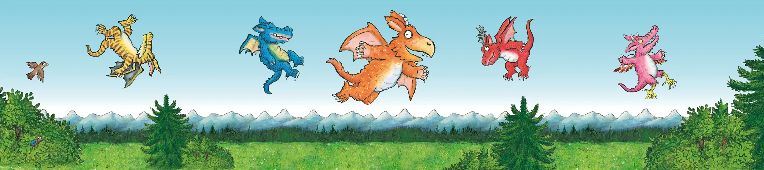 A group of colourful dragons learning to fly above some grass