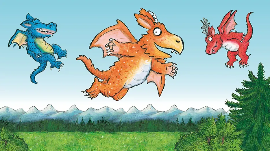 A group of colourful dragons learning to fly above some grass