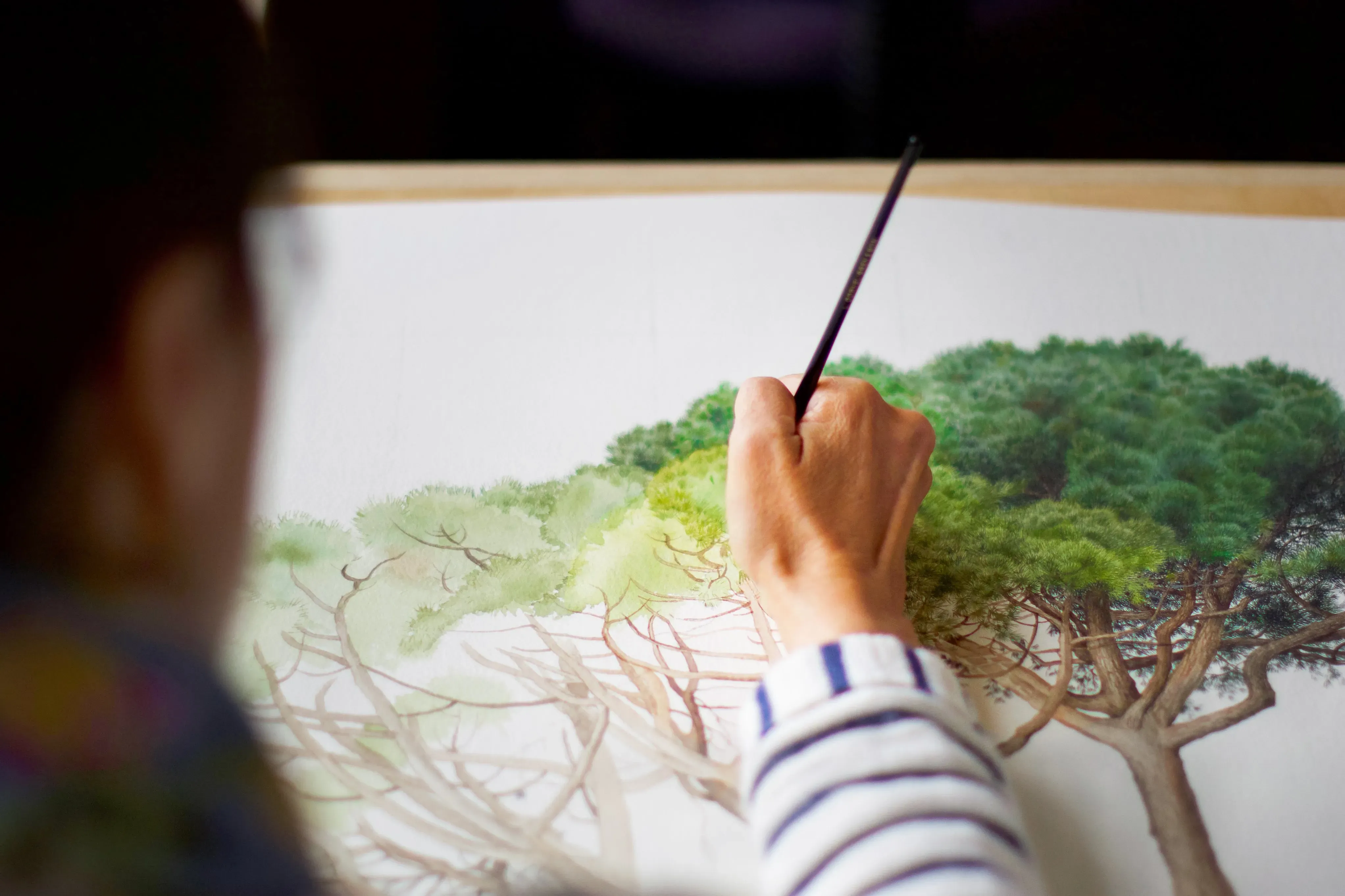 Close up of artist painting a tree on paper