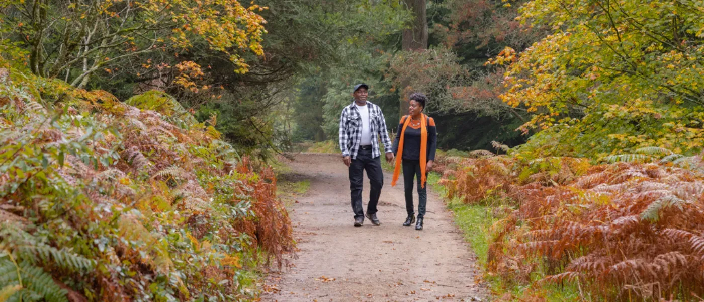 A couple walking through an autumnal Horsebridge Wood