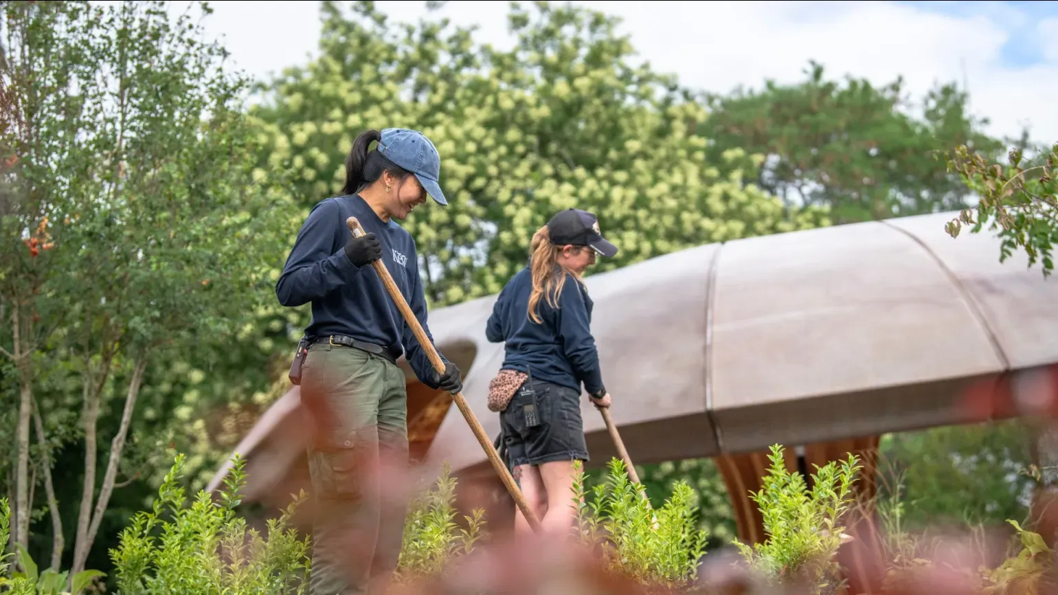 Two members of Kew's horticultural team work in the Carbon Garden