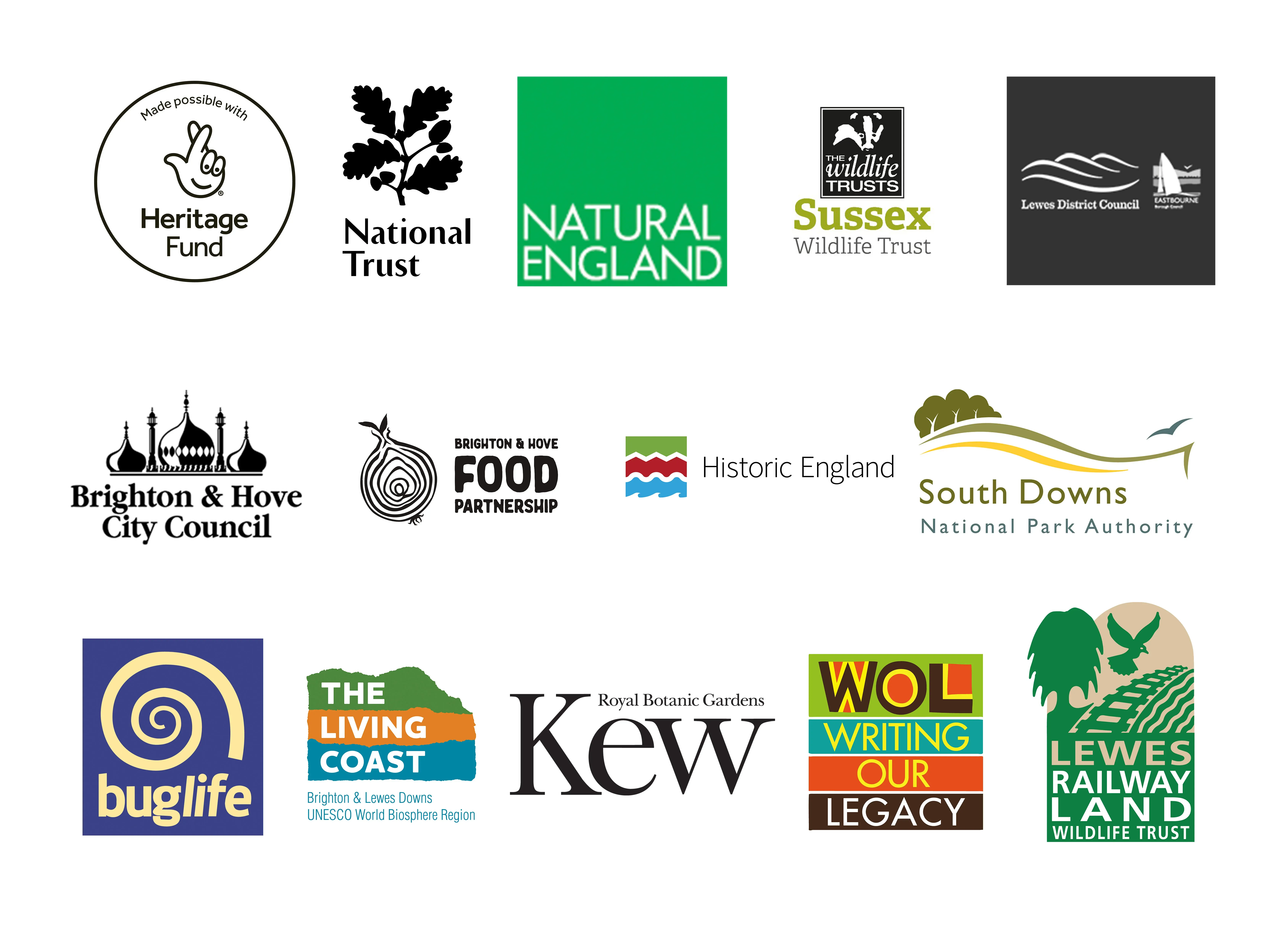Logos of Buglife, National Lottery Heritage fund, National Trust, Brighton and Hove council, Bugllife, Lewes District Council, Natural England, Lewes Raliway Land Willdlife Trust, South Downs National Park Authority, Sussex WIldlife Trust, The Living Coast, Writing Our legacy, History England, Food Partnership and RBG Kew