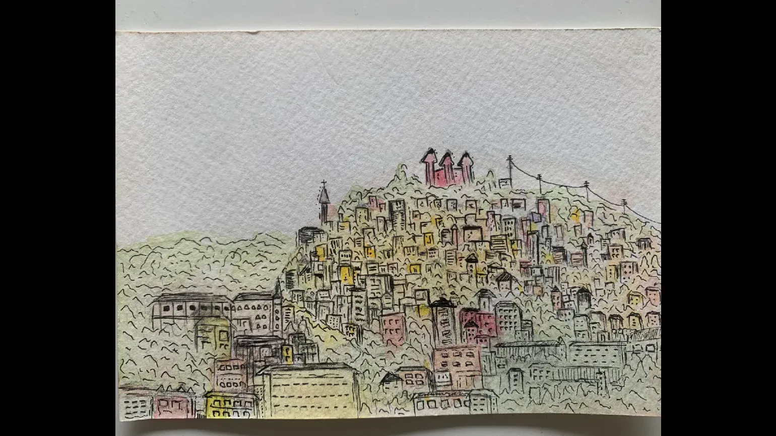 A watercolour painting of a city on a hill