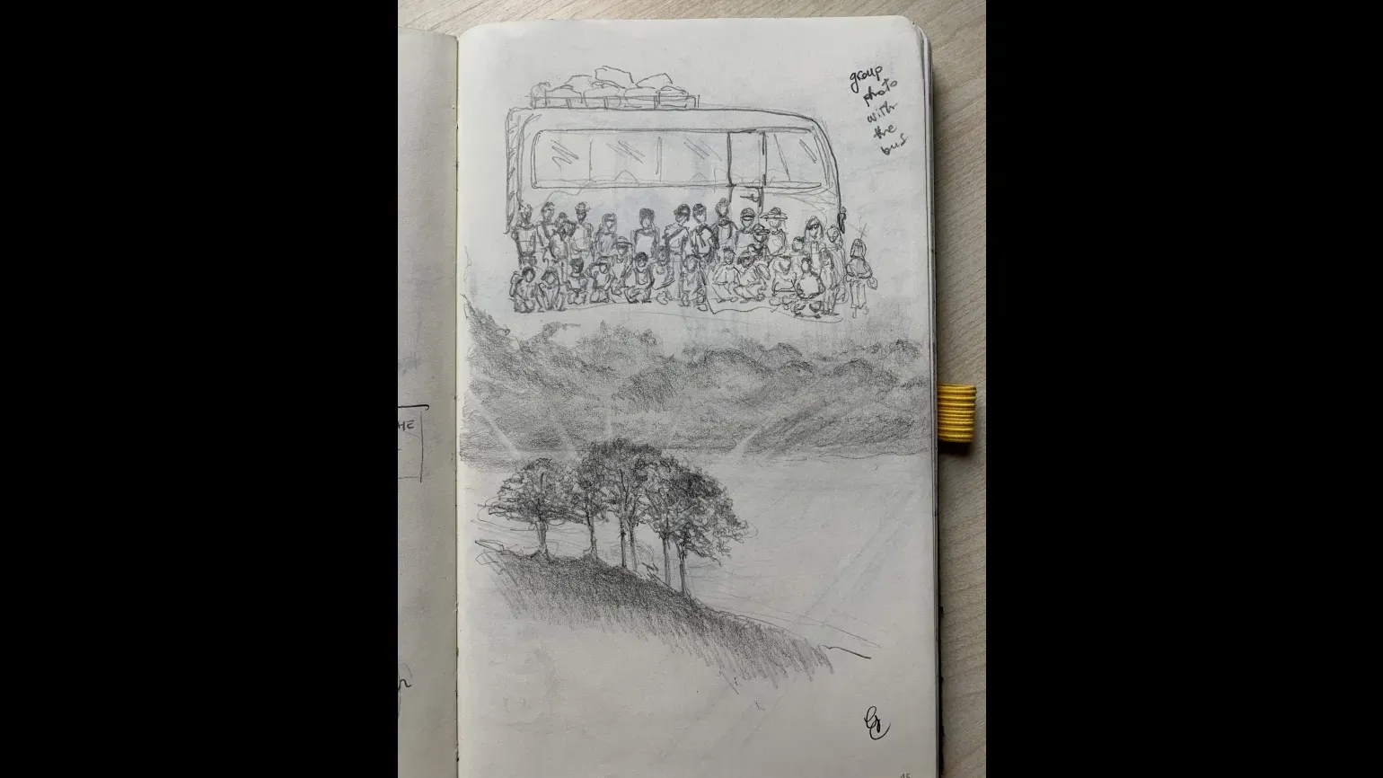 A sketchbook page with pencil drawings of a group of people in front of a bus and of trees on a hill