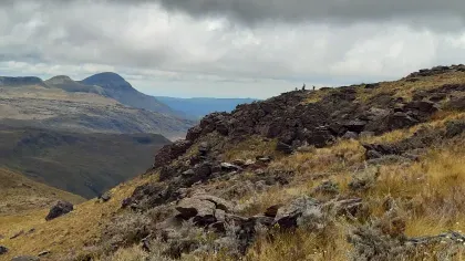 A kew expedition team are pictured in the foothills around Madagascar's tallest mountain. They are specks in the distance, an a world of jagged rock and unending grassland.