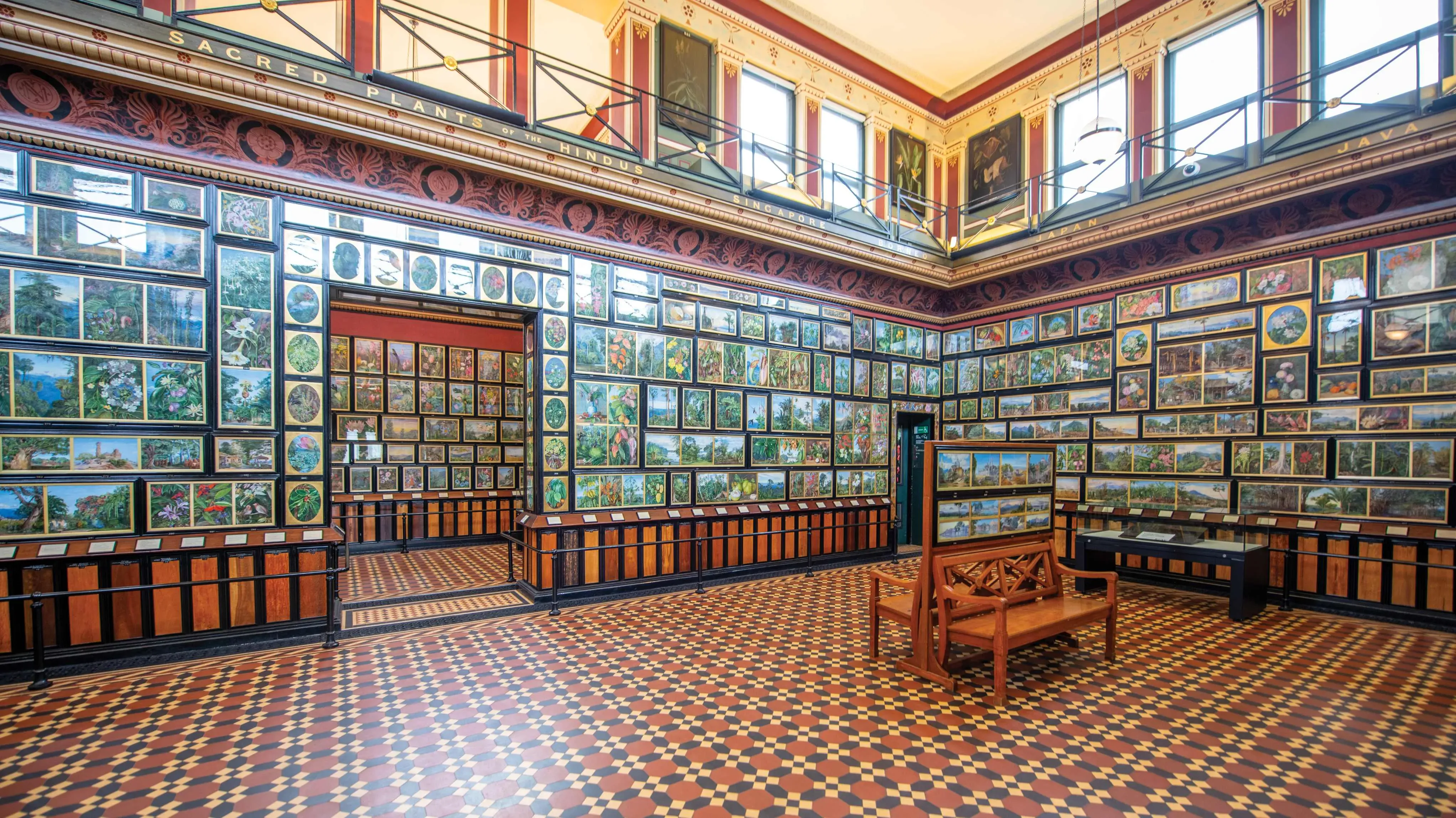 Interior of the Marianne North Gallery at Kew Gardens, the walls lined with botanical paintings