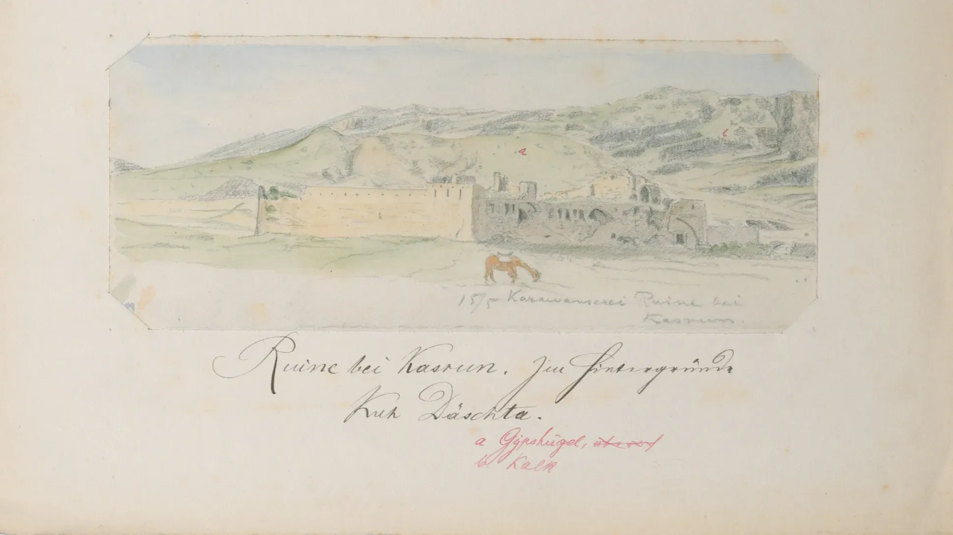 A drawing of a Persian landscape with a small donkey in the foreground