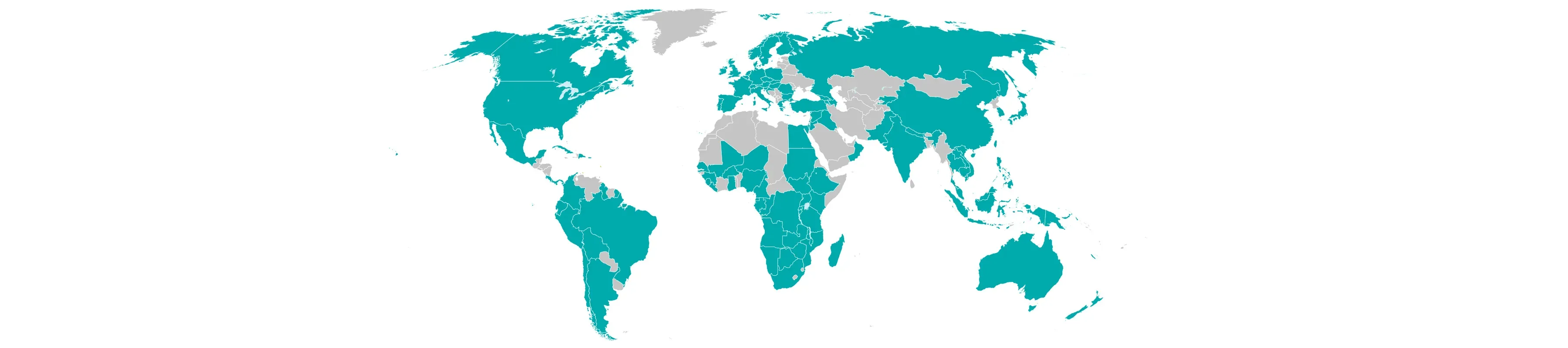 Map of the world with countries coloured in teal