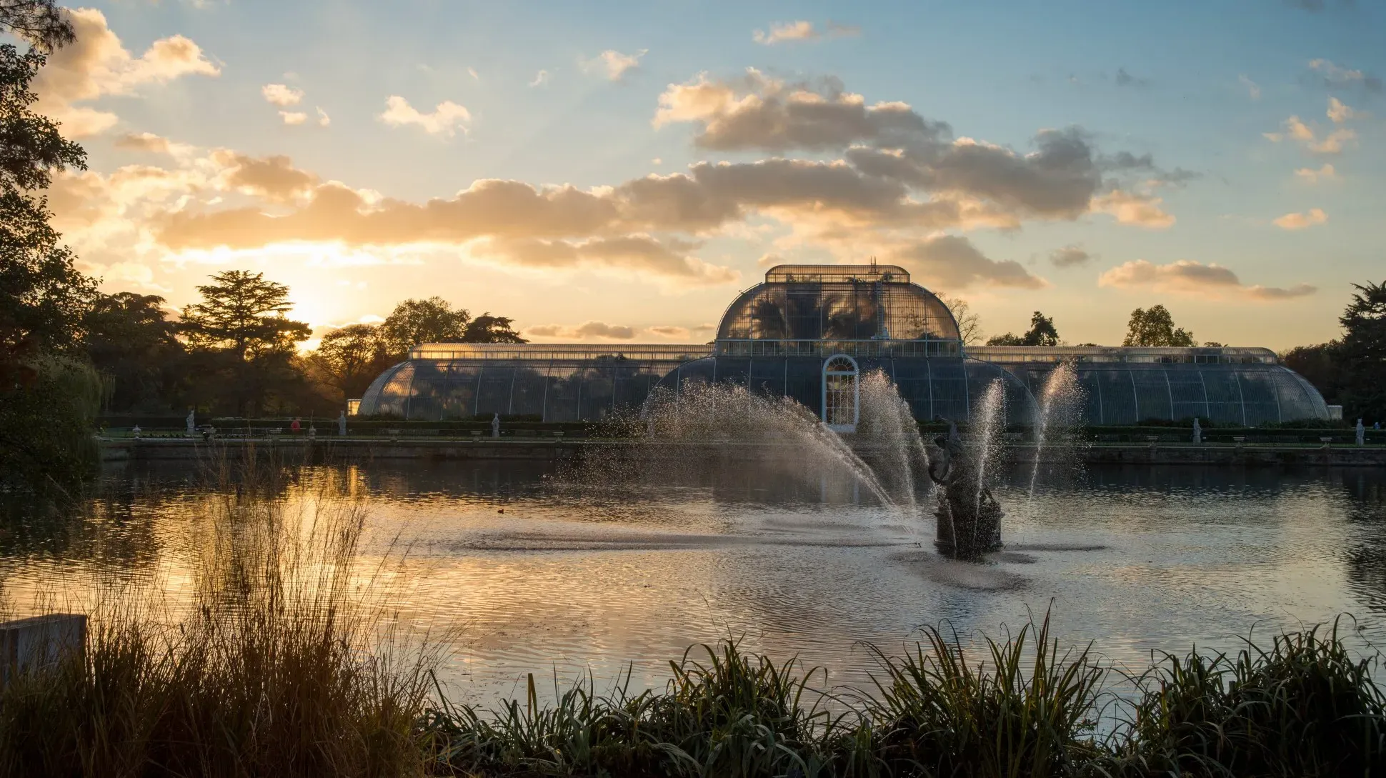Palm House across the pond at sunset
