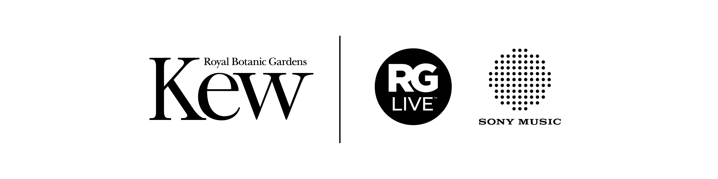 The logos for Royal Botanic Gardens Kew, RG Live and Sony Music