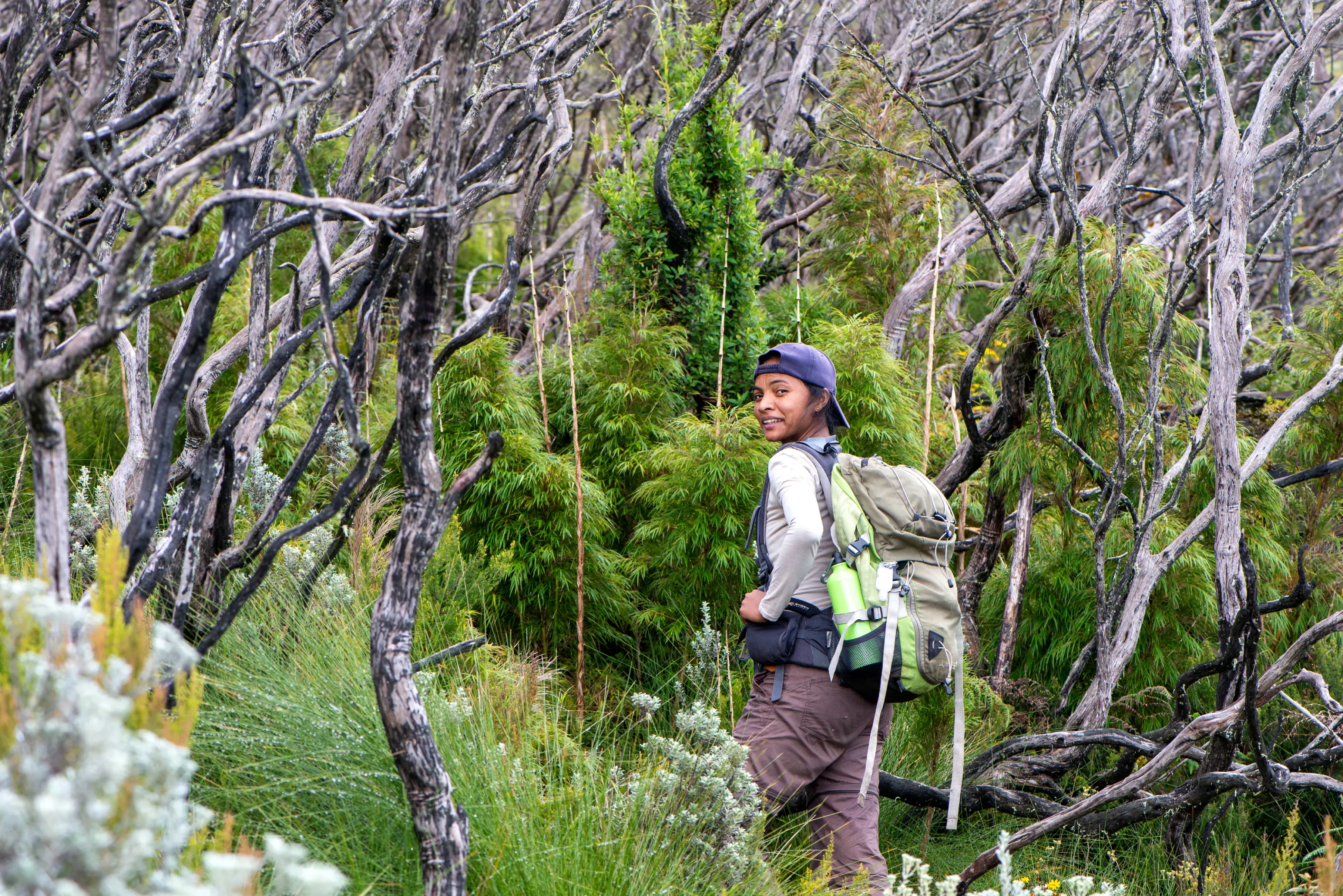 Lova, wearing a backpack, walking through trees and shrubs