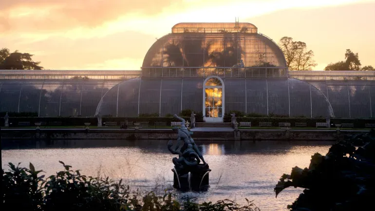 Kew Gardens' Palm House at sunset