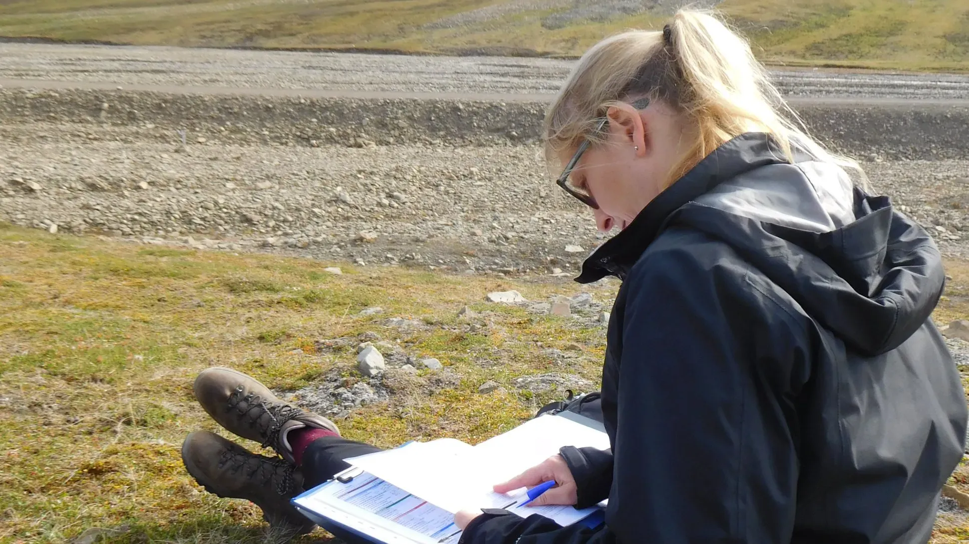 A person looks at a notebook while sitting in a pale green field
