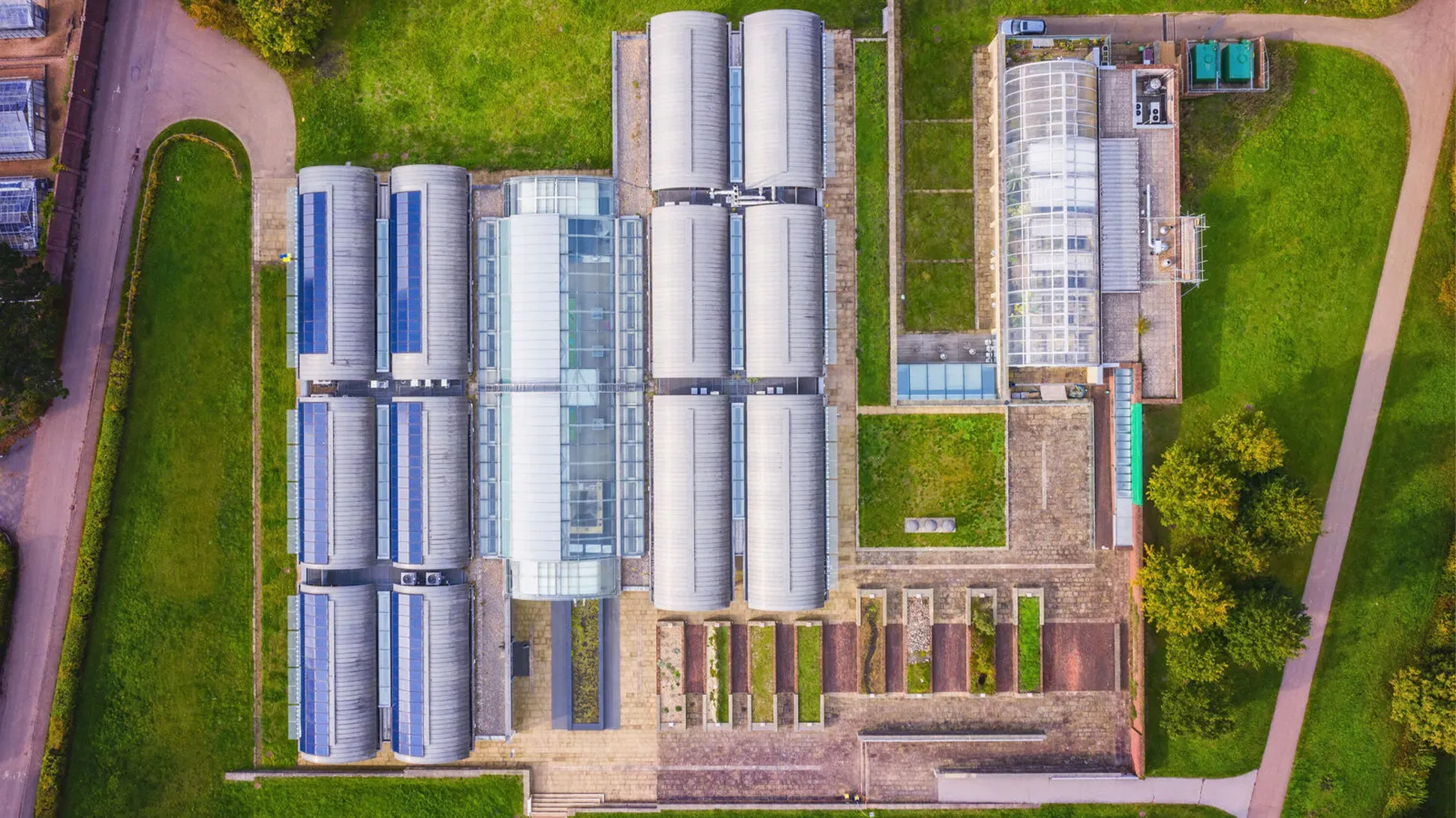 an aerial view of the Millennium Seed Bank buildings at Wakehurst