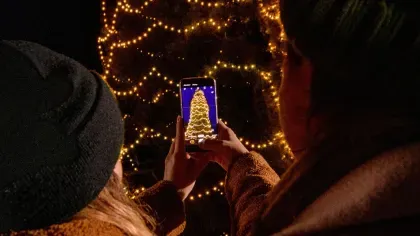 A group of people taking a picture of a large illuminated christmas tree
